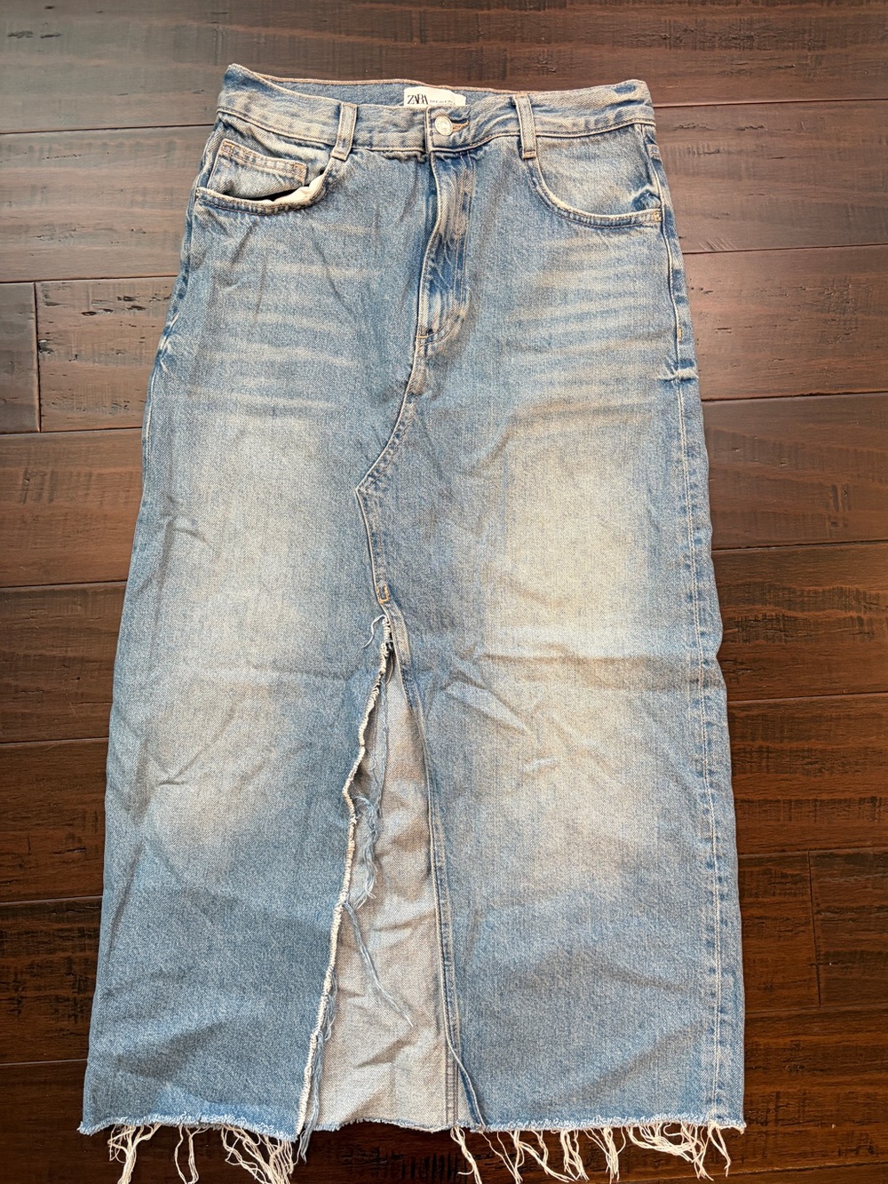 Zara Light Blue Distressed Denim Maxi Skirt with Front Slit Raw Hem Casual skirt - Picture 2 of 5
